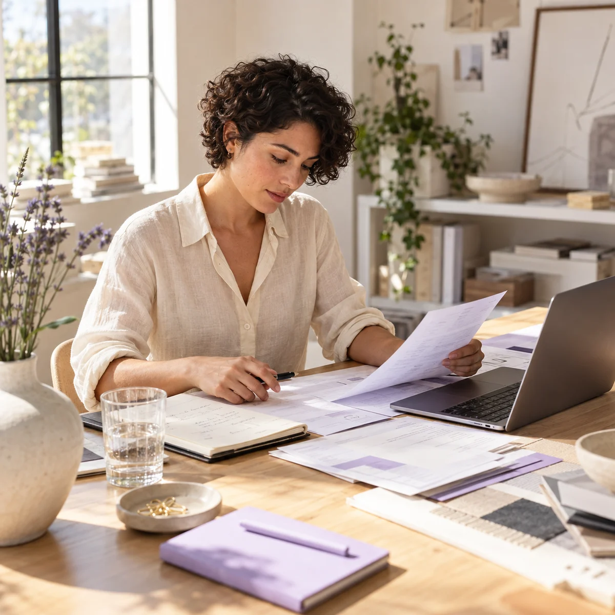 A creative business owner reviewing paperwork at a sunlit studio desk.